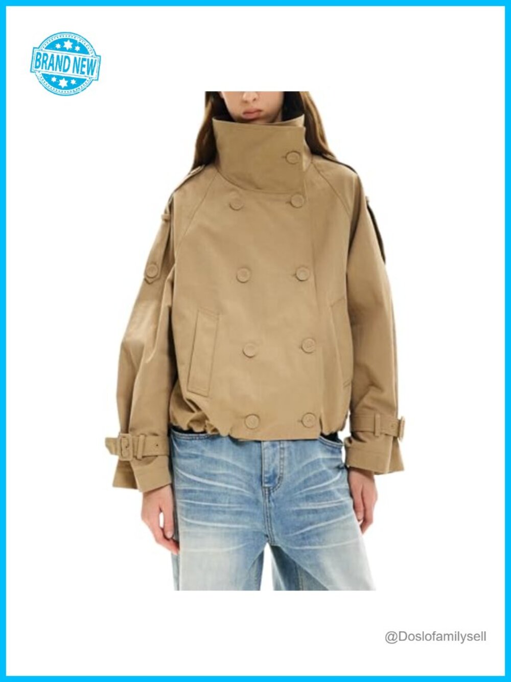 Womens Cropped Trench Coat Funnel Neck Double Breasted Pleated Hem Pockets